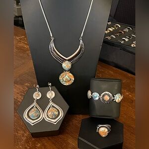 Elegant Silver with Blue, Orangish Brown Jewelry Set